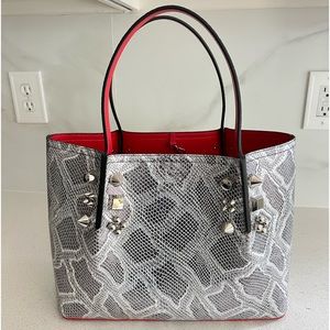 Christian Louboutin Small Cabarock Python Embossed Leather Tote in Silver/Silver